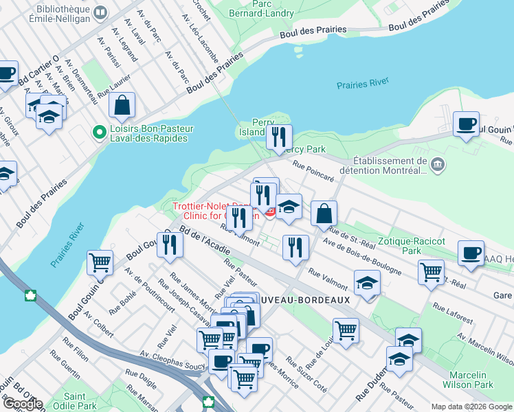 map of restaurants, bars, coffee shops, grocery stores, and more near 12139 Avenue de Bois-de-Boulogne in Montreal