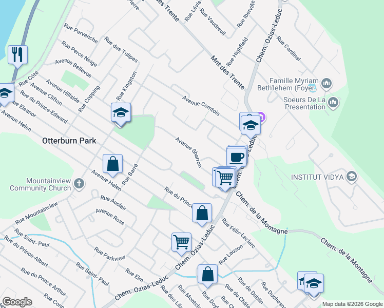 map of restaurants, bars, coffee shops, grocery stores, and more near 310 Rue Sharron in Otterburn Park
