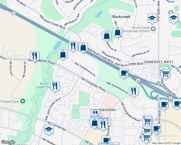 map of restaurants, bars, coffee shops, grocery stores, and more near 19676 Northwest Tanasbourne Drive in Hillsboro