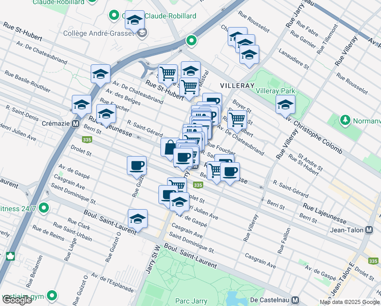 map of restaurants, bars, coffee shops, grocery stores, and more near 555 Rue Jarry Est in Montréal