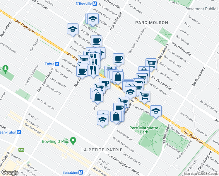 map of restaurants, bars, coffee shops, grocery stores, and more near 6695 Rue Marquette in Montréal