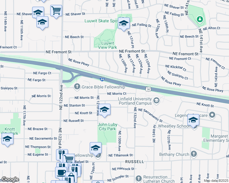 map of restaurants, bars, coffee shops, grocery stores, and more near 3036 Northeast 128th Avenue in Portland