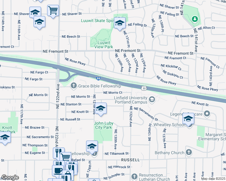 map of restaurants, bars, coffee shops, grocery stores, and more near 12915 Northeast Morris Court in Portland