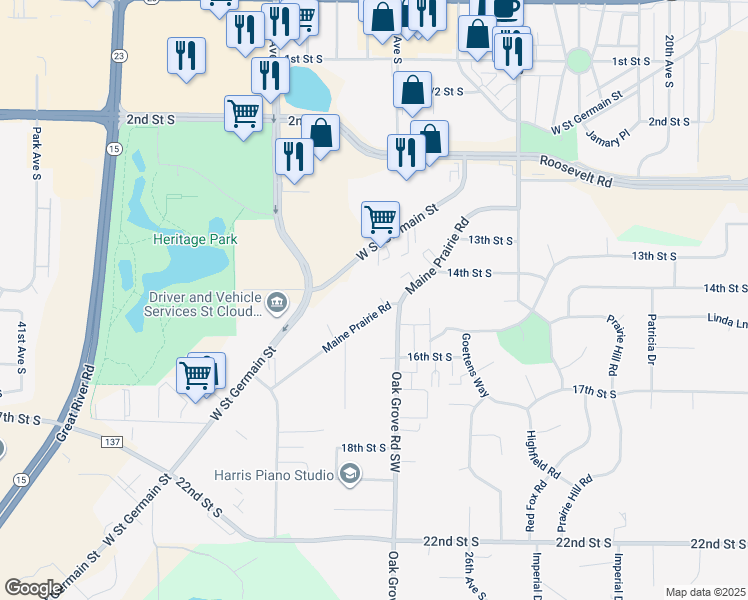 map of restaurants, bars, coffee shops, grocery stores, and more near 2923 Maine Prairie Road in St. Cloud