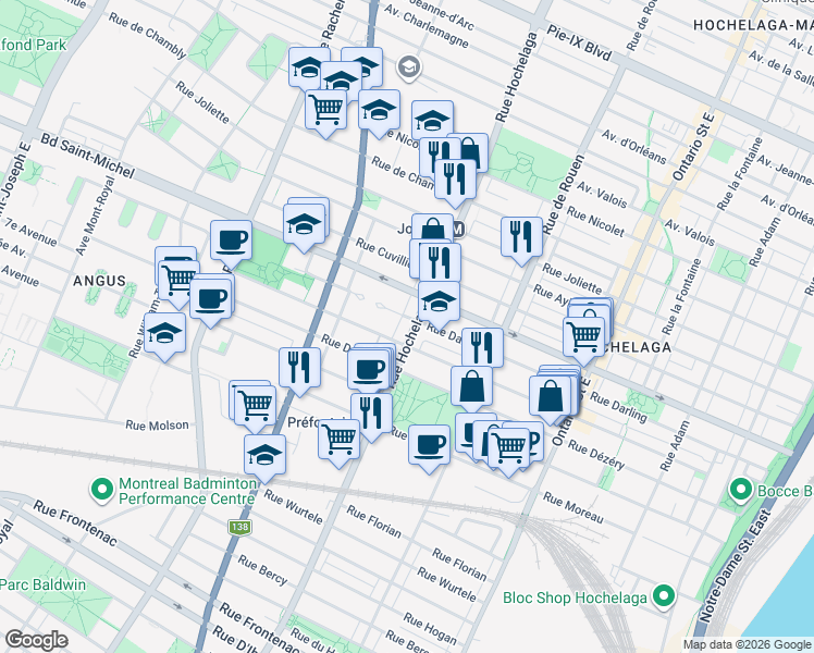 map of restaurants, bars, coffee shops, grocery stores, and more near 3289 Rue Hochelaga in Montréal