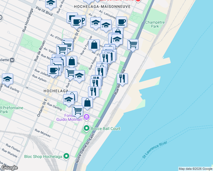 map of restaurants, bars, coffee shops, grocery stores, and more near 554 Rue Nicolet in Montréal