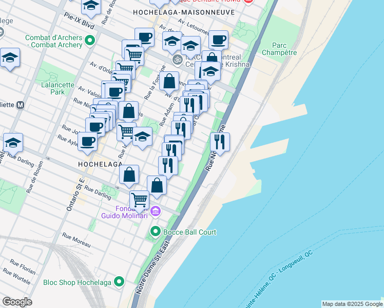 map of restaurants, bars, coffee shops, grocery stores, and more near 550 Rue Nicolet in Montréal