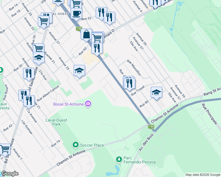 map of restaurants, bars, coffee shops, grocery stores, and more near 7390 Rue André Breton in Laval