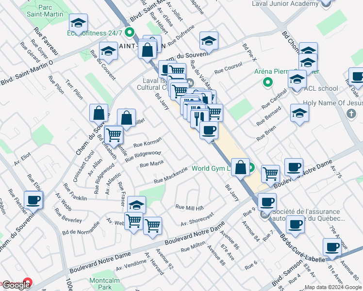 map of restaurants, bars, coffee shops, grocery stores, and more near 1249 Rue Hennessy in Laval