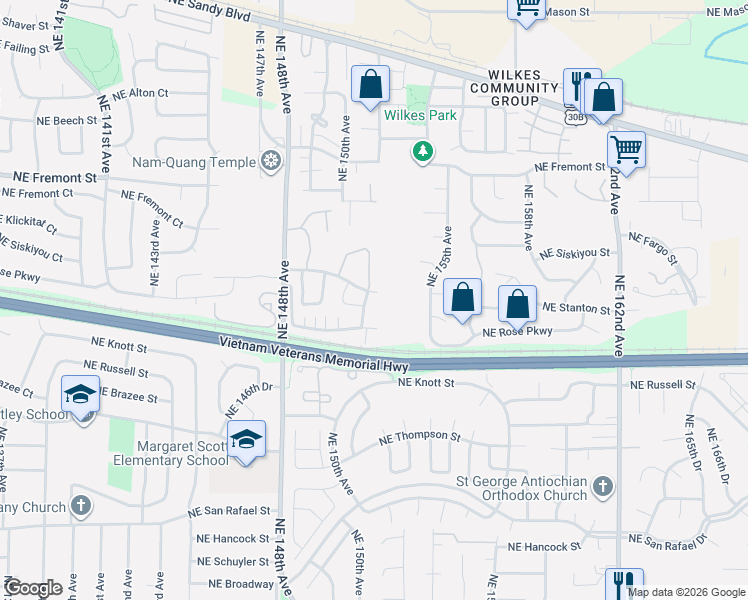 map of restaurants, bars, coffee shops, grocery stores, and more near 15129 Northeast Rose Parkway in Portland