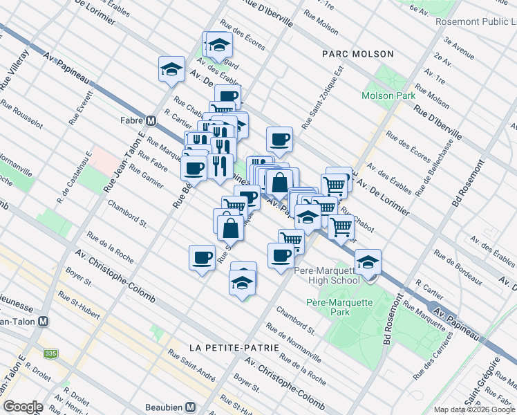 map of restaurants, bars, coffee shops, grocery stores, and more near 6695 Rue Marquette in Montrã©Al