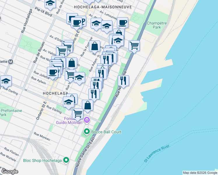 map of restaurants, bars, coffee shops, grocery stores, and more near 548 Rue Nicolet in Montréal