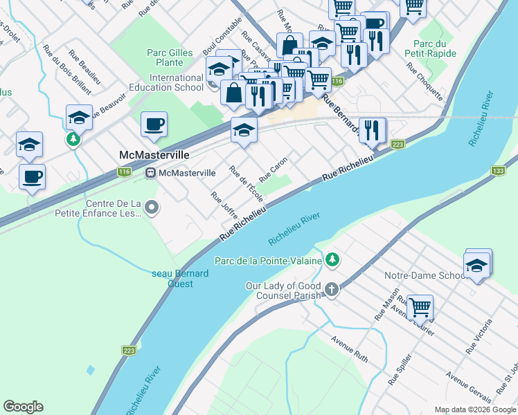 map of restaurants, bars, coffee shops, grocery stores, and more near 329 Chemin du Richelieu in McMasterville
