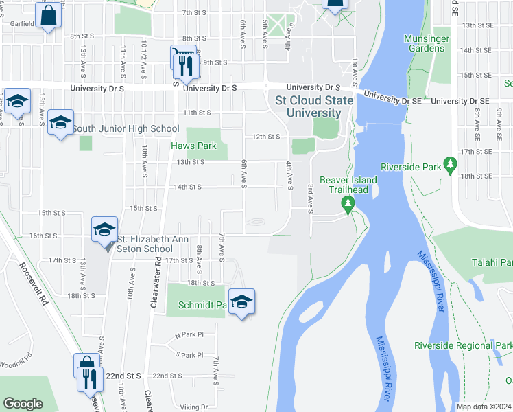 map of restaurants, bars, coffee shops, grocery stores, and more near 1420 6th Avenue South in St. Cloud