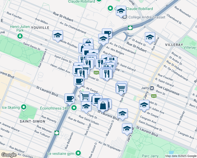 map of restaurants, bars, coffee shops, grocery stores, and more near 8577 Rue Drolet in Montréal