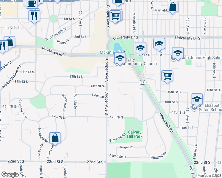 map of restaurants, bars, coffee shops, grocery stores, and more near 1408 Cooper Avenue South in St. Cloud