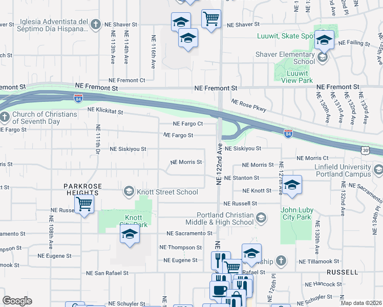 map of restaurants, bars, coffee shops, grocery stores, and more near 12001 Northeast Siskiyou Street in Portland