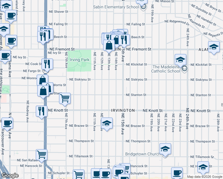 map of restaurants, bars, coffee shops, grocery stores, and more near 3002 Northeast 13th Avenue in Portland