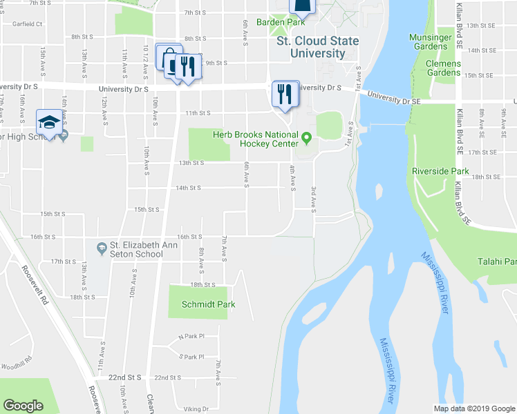 map of restaurants, bars, coffee shops, grocery stores, and more near 520 14th Street South in St. Cloud