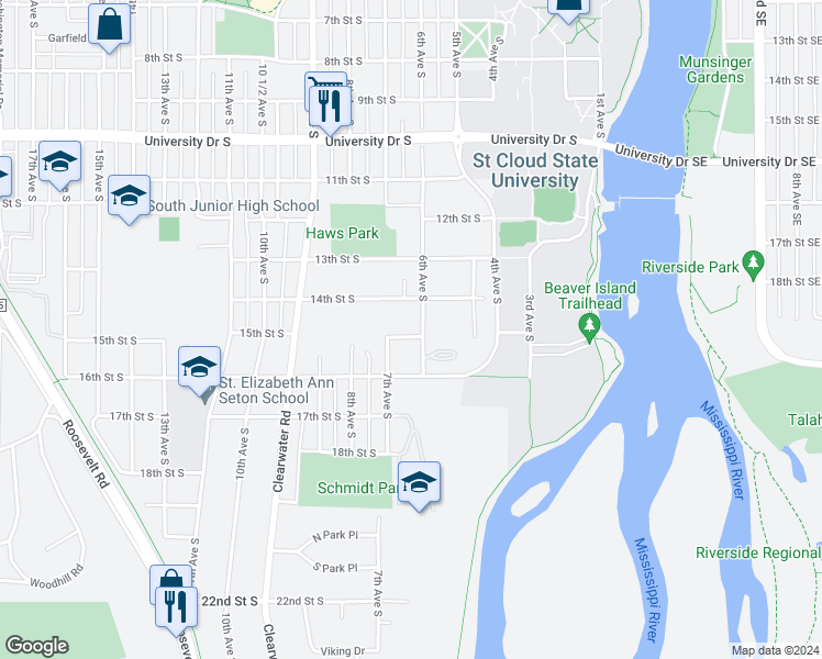 map of restaurants, bars, coffee shops, grocery stores, and more near 1415 6th Avenue South in St. Cloud