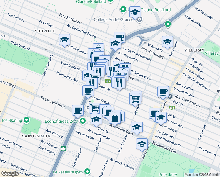 map of restaurants, bars, coffee shops, grocery stores, and more near 8577 Rue Drolet in Montréal