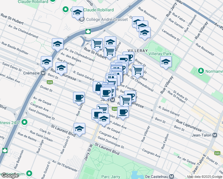 map of restaurants, bars, coffee shops, grocery stores, and more near 579 Rue Jarry Est in Montréal
