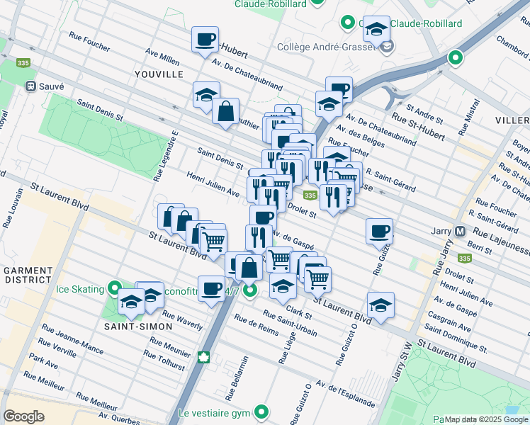 map of restaurants, bars, coffee shops, grocery stores, and more near 255 Boulevard Crémazie Est in Montreal