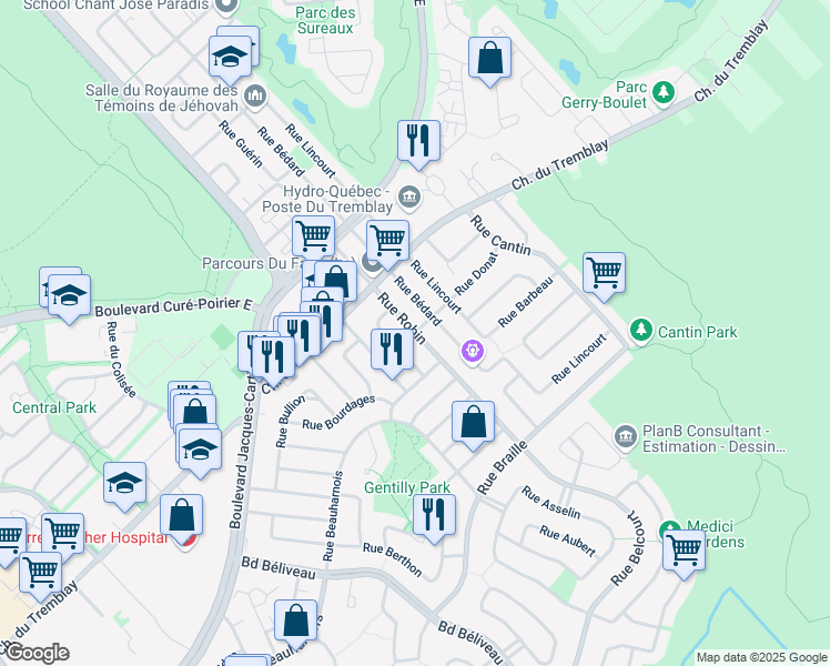 map of restaurants, bars, coffee shops, grocery stores, and more near Rue Robin in Longueuil