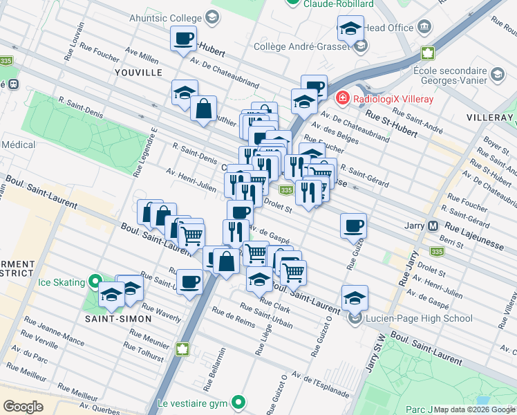 map of restaurants, bars, coffee shops, grocery stores, and more near in Montreal