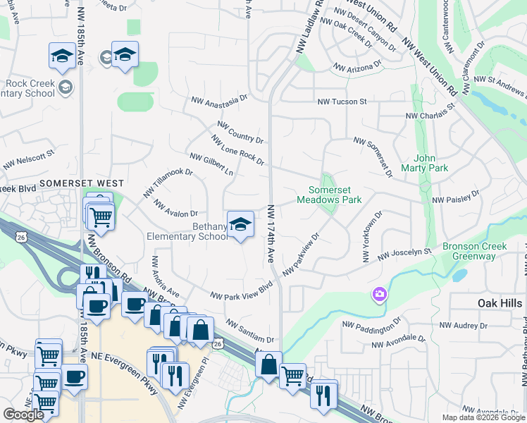 map of restaurants, bars, coffee shops, grocery stores, and more near 3376 Northwest Brandt Place in Portland