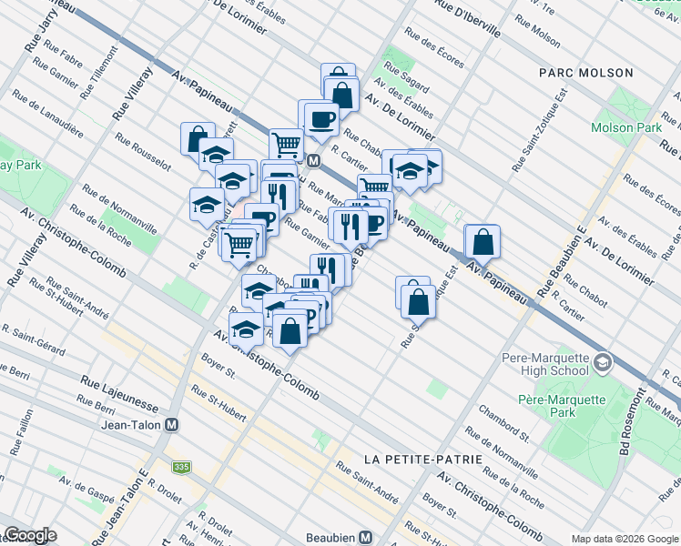 map of restaurants, bars, coffee shops, grocery stores, and more near 1385 Rue Bélanger in Montréal