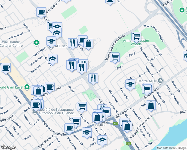 map of restaurants, bars, coffee shops, grocery stores, and more near 3360 Rue Charles Best in Laval