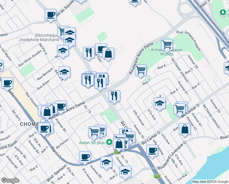 map of restaurants, bars, coffee shops, grocery stores, and more near 3360 Rue Charles-Best in Laval