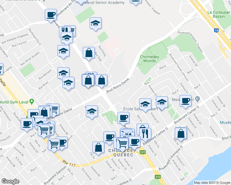 map of restaurants, bars, coffee shops, grocery stores, and more near 3360 Rue Charles-Best in Laval