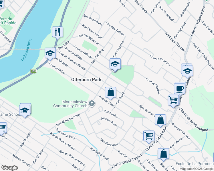 map of restaurants, bars, coffee shops, grocery stores, and more near 242 Rue du Prince-Edward in Otterburn Park