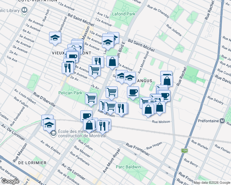 map of restaurants, bars, coffee shops, grocery stores, and more near 4801 2e Avenue in Montréal