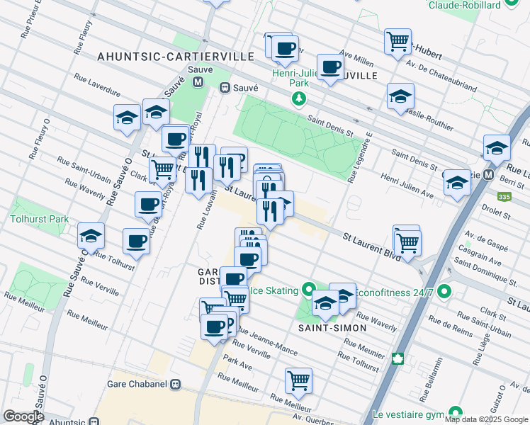 map of restaurants, bars, coffee shops, grocery stores, and more near in Montréal
