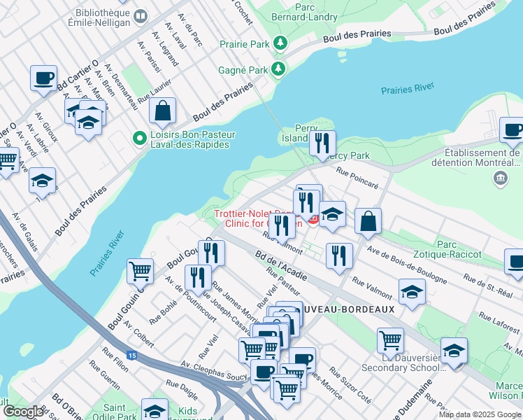 map of restaurants, bars, coffee shops, grocery stores, and more near 12277 Rue Desenclaves in Montréal