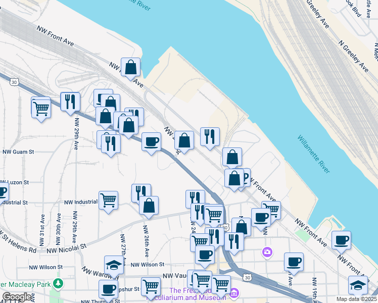 map of restaurants, bars, coffee shops, grocery stores, and more near 2950 NW Yeon Ave in Portland