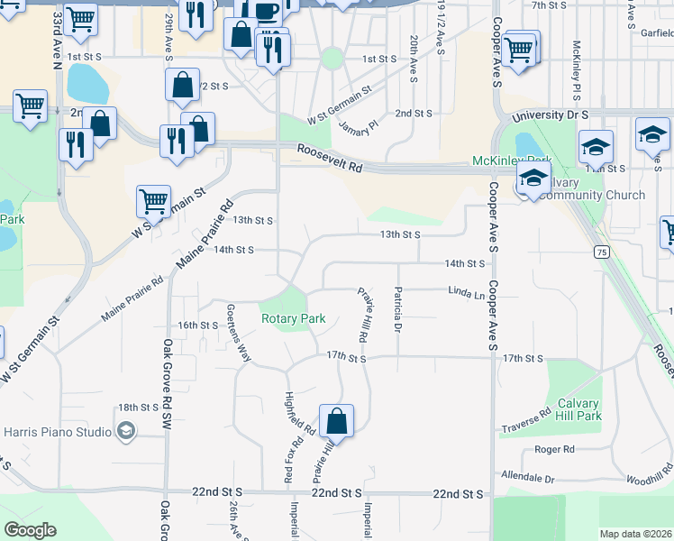 map of restaurants, bars, coffee shops, grocery stores, and more near 2200 14th Street South in St. Cloud