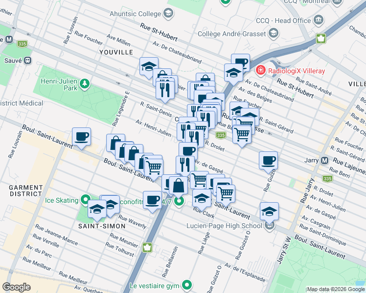 map of restaurants, bars, coffee shops, grocery stores, and more near 255 Boulevard Crémazie Est in Montréal