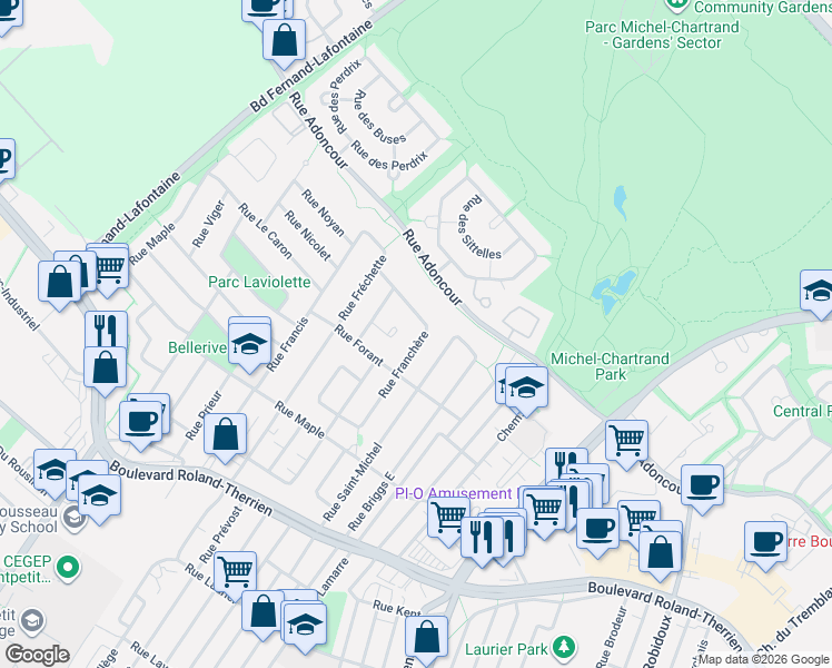 map of restaurants, bars, coffee shops, grocery stores, and more near 1115 Rue Franchère in Longueuil