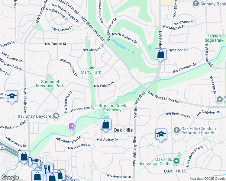 map of restaurants, bars, coffee shops, grocery stores, and more near 16290 Northwest Paisley Drive in Beaverton
