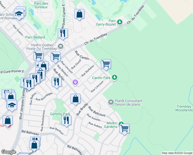 map of restaurants, bars, coffee shops, grocery stores, and more near 2736 Rue Borduas in Longueuil