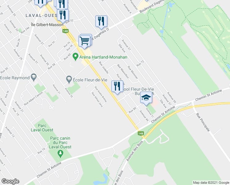 map of restaurants, bars, coffee shops, grocery stores, and more near 7705 Boulevard Arthur-Sauvé in Laval