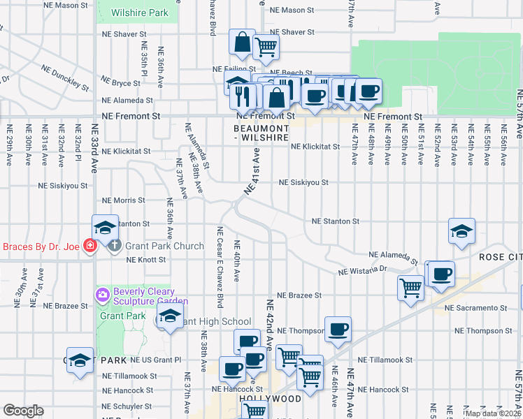 map of restaurants, bars, coffee shops, grocery stores, and more near 4166 Northeast Beaumont Street in Portland