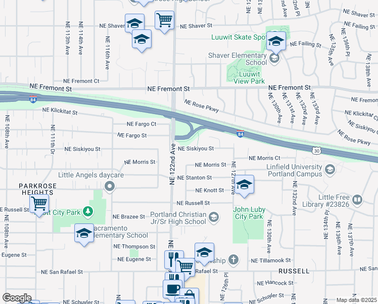 map of restaurants, bars, coffee shops, grocery stores, and more near 12318 Northeast Siskiyou Street in Portland