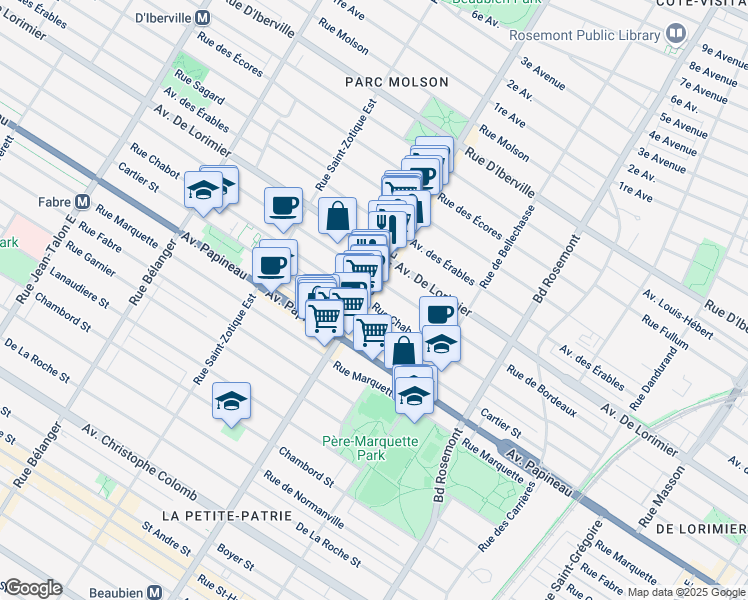 map of restaurants, bars, coffee shops, grocery stores, and more near 6435 Chabot Street in Montreal