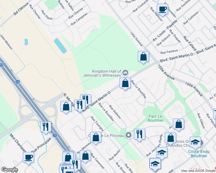 map of restaurants, bars, coffee shops, grocery stores, and more near 5085 Boulevard Saint-Martin Ouest in Laval