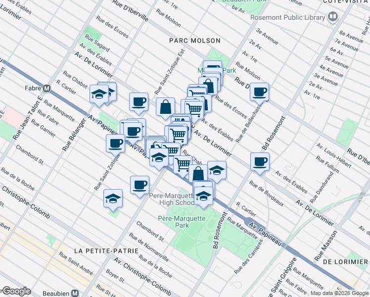 map of restaurants, bars, coffee shops, grocery stores, and more near 6435 Rue Chabot in Montréal